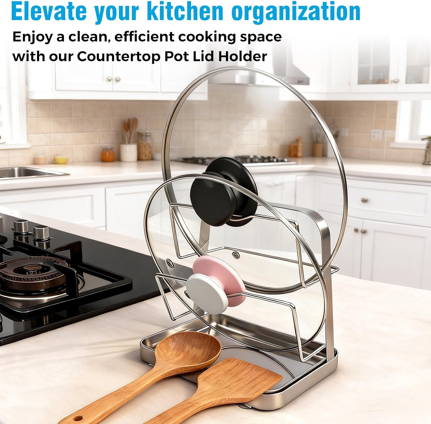 304 Stainless Steel Pot Lid Organizer & Spoon Rest, Pot Lid Holder Storage Rack for Kitchen Countertop, Multifunctional Stove Top Pot Cover Stand While Cooking