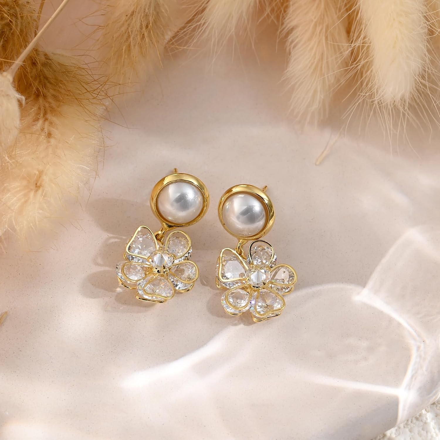 Silver/Gold Pearl Dangle Earrings for Women with Shaped Flower Cubic Zirconia Dangling Crystal Drop Earrings - Image 7