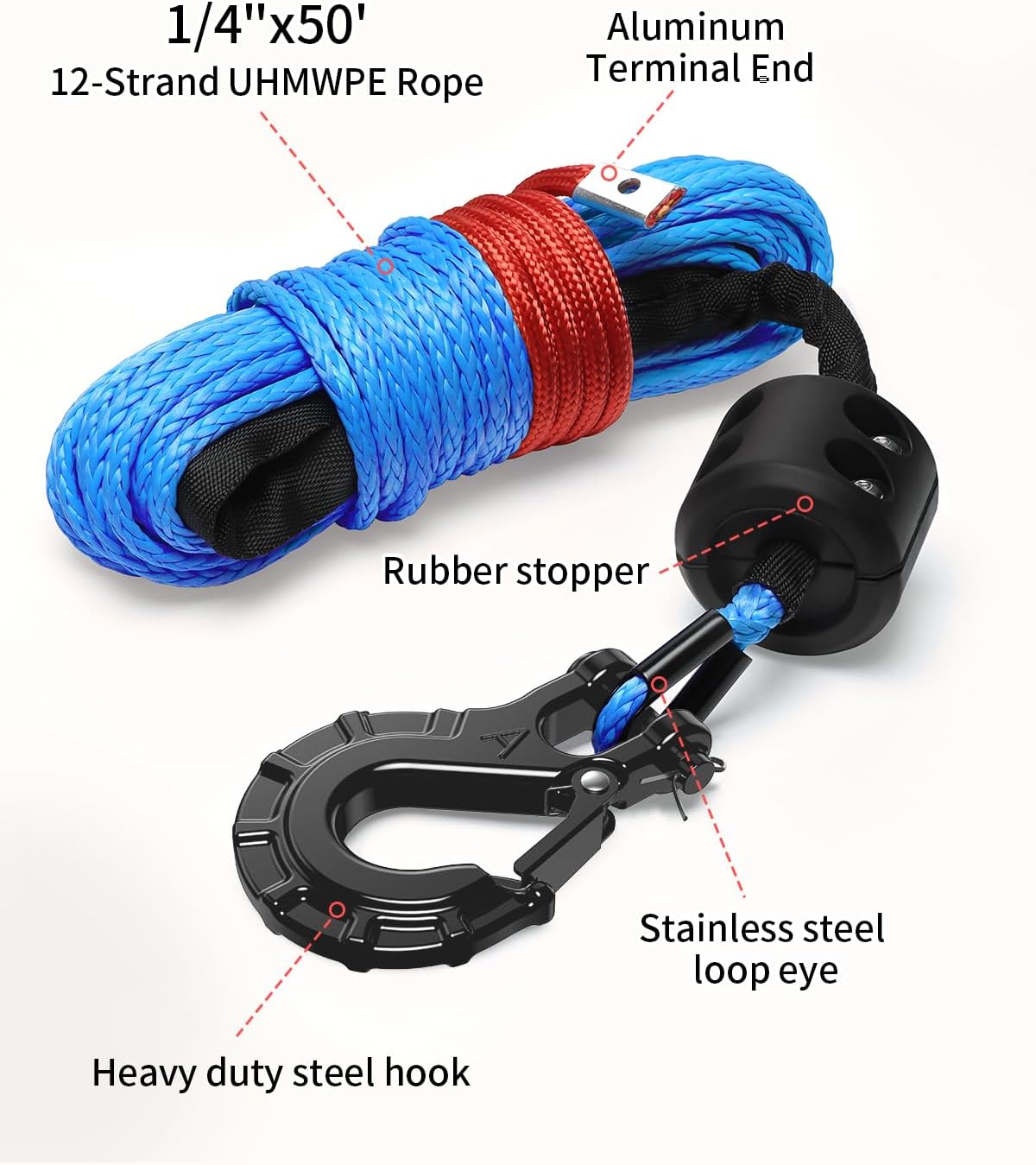 Kolvoii Synthetic Winch Rope Kit, 1/4" x 50ft 9,650lbs Winch Cable with Steel Hook, Winch Line Stopper and Safety Pull Strap for ATV UTV Off-Road Vehicle etc (Blue Rope, Black Hook)
