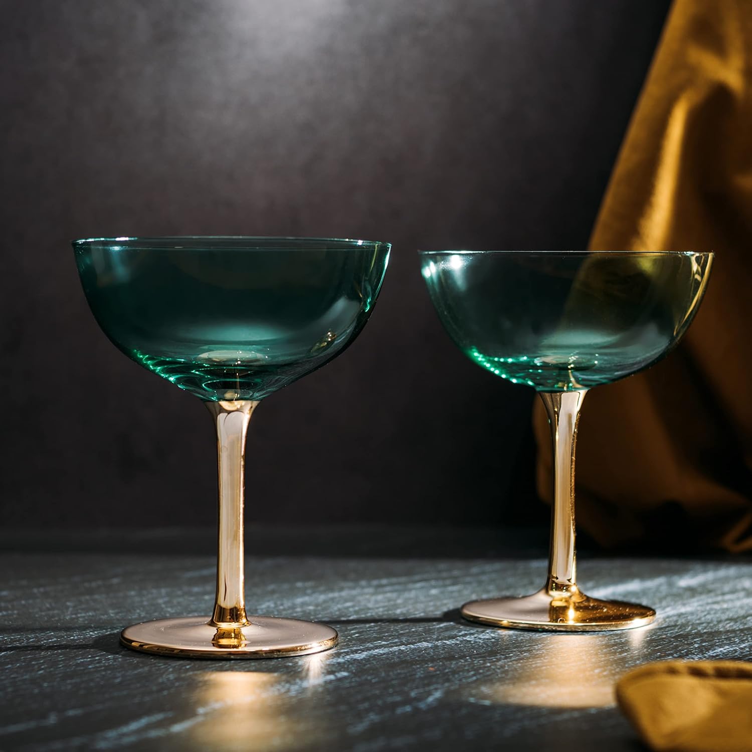 Colored Coupe Art Deco Glasses Gold | Set of 2 | 12 oz Classic Cocktail Glassware for Champagne, Martini, Manhattan, Sidecar, Crystal Speakeasy Style Goblets Stems, Vintage Blue, Teal, Green