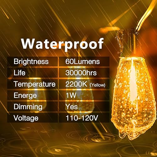 Miniatura 5 de DAYBETTER Guirnalda de luces para exteriores, 100 pies, 2200 K, inastillables, impermeables, LED, para colgar en el paraguas, luces de fiesta, para