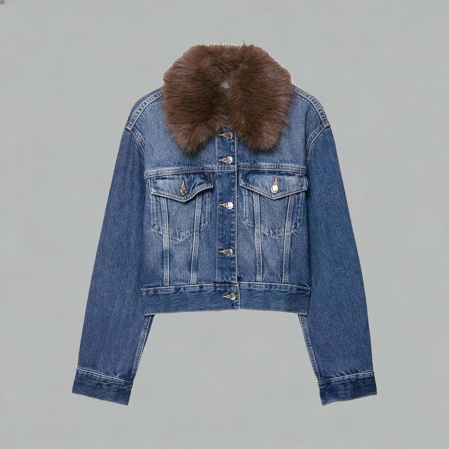 Womens Cropped Jean Jacket Denim Fur Collar Fleece Lined Trucker Jackets Long Sleeve Button Down Warm Winter Coats