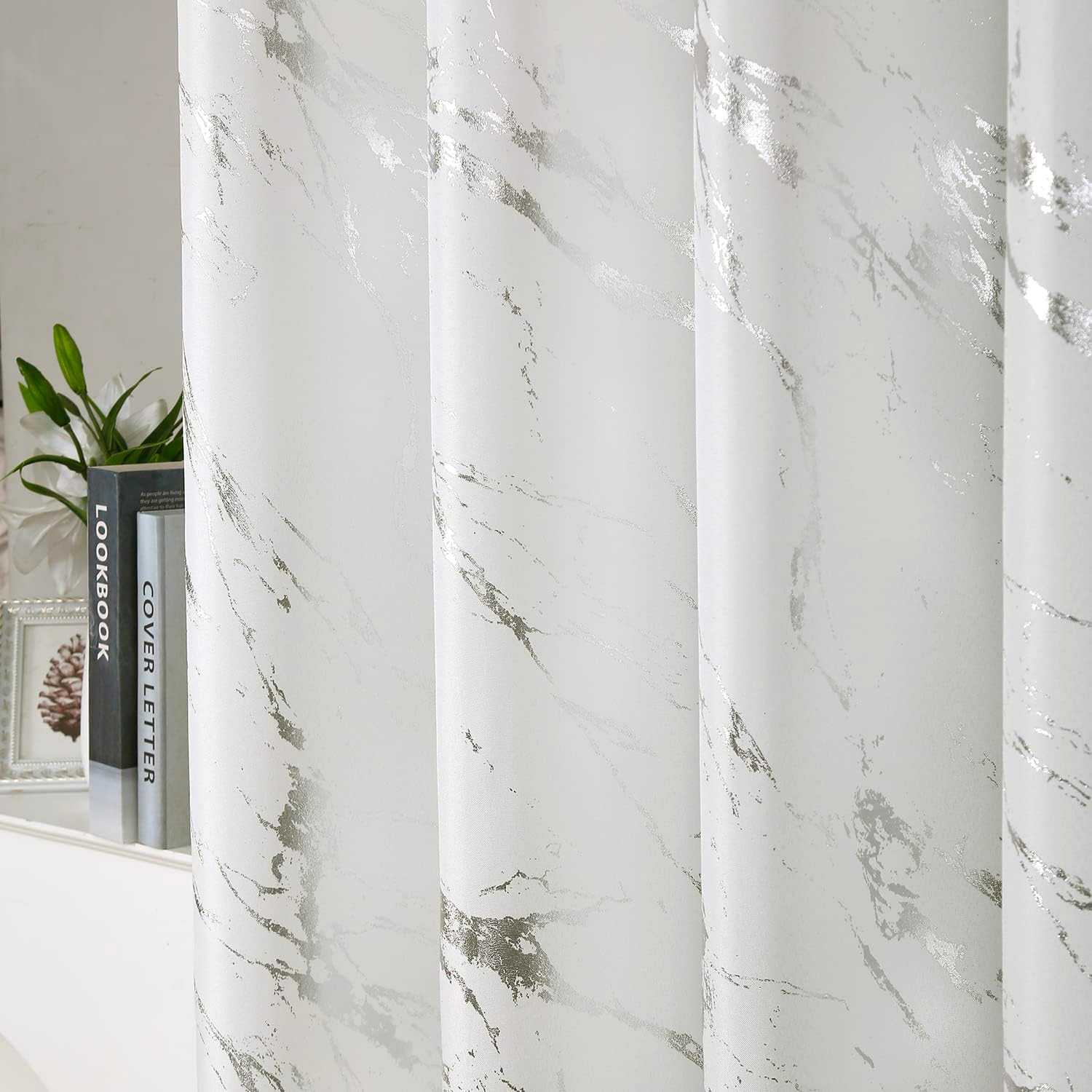 Taisier Home Silver Foil Print Linen Textured Curtains Geometric Marble Pattern Design Curtains for Living Room Light Filtering Window Treatment 2 Panels 84" L,Off White and Silver Print