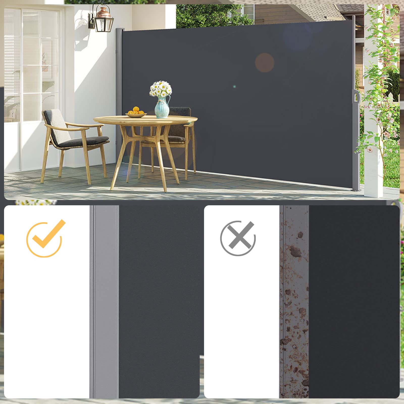 LARMNEE Seitenmarkise mit Stahl-Kasten, ausziehbar, 180 x 450 cm, Rostbeständig, Windschutz, Sonnenschutz, Seitenrollo, Blickdicht, für Balkon, Terrasse, Garten, Anthrazit EBK1845TBP02