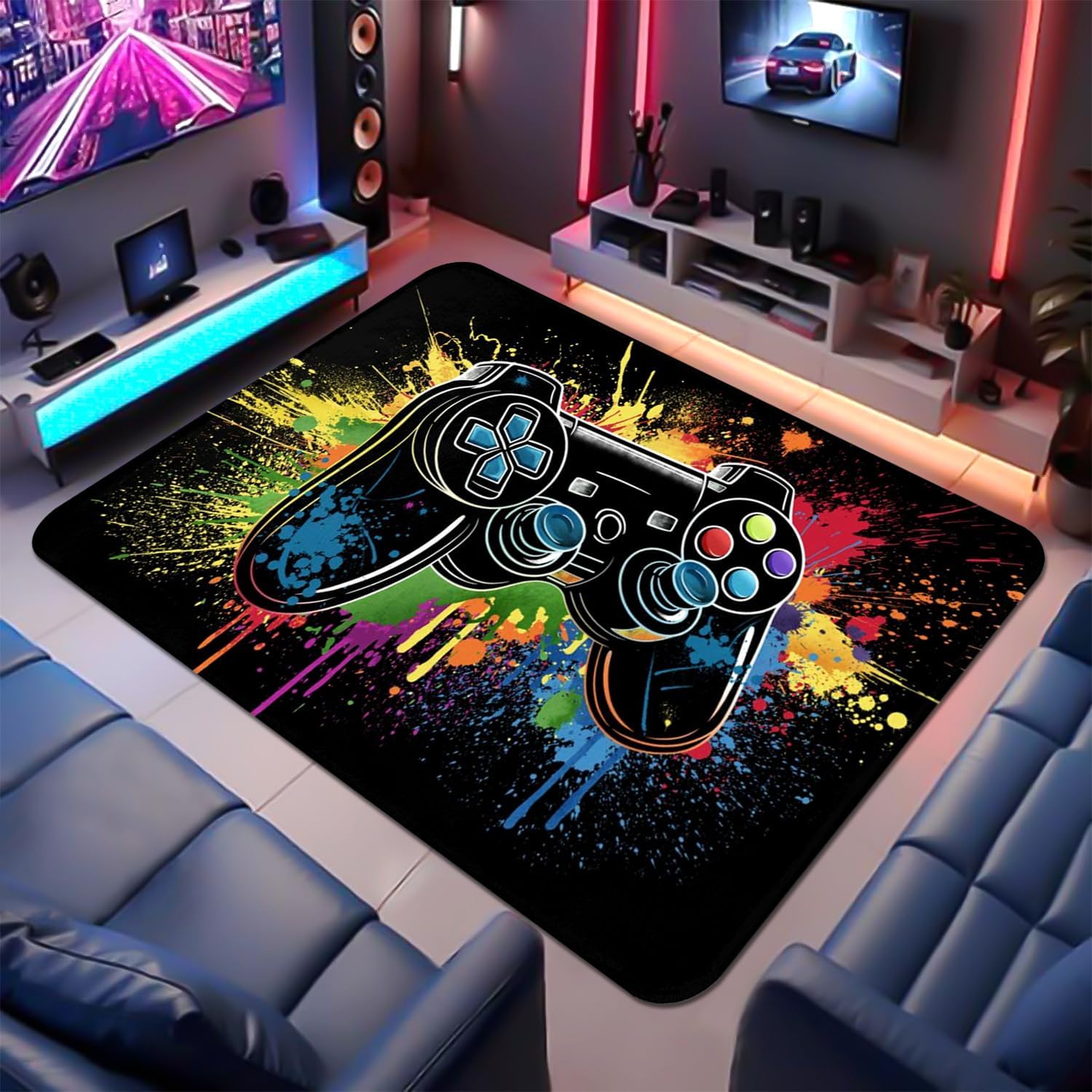 Gaming Rug for Boys Room 5'x7' Non-Slip Colorful Cool Game Rug 3D Gamepad Controller Mat for Bedroom Living Room Game Room Decor