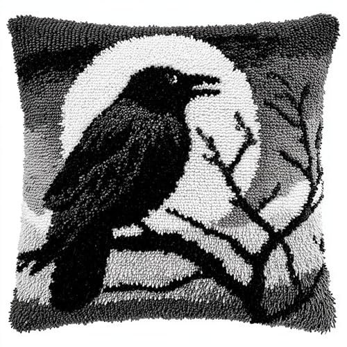 AxiangziK Latch Hook Pillow Kits with Yarn,Crows on the Branches Complete DIY Cushion Making Craft Kits,43x43cm Latch Hook Adult Craft Kits for Women