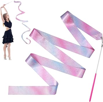 Sparkling Dance Ribbon, 78.7 inches Rhythmic Gymnastics Ribbons with Ribbon Dance Wand, Twirling Ribbon Streamer Gymnastics Equipment for Girls Kids Dancing Training, Gymnastics Party Gift 2 Pcs