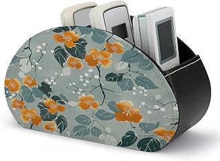 Leather Remote Caddy Desktop Organizer Small Orange Flowers PU Leather Remote Caddy Desktop Organizer with 5 Spacious Compartments for TV Remot/Media Controllers/Office Supplies