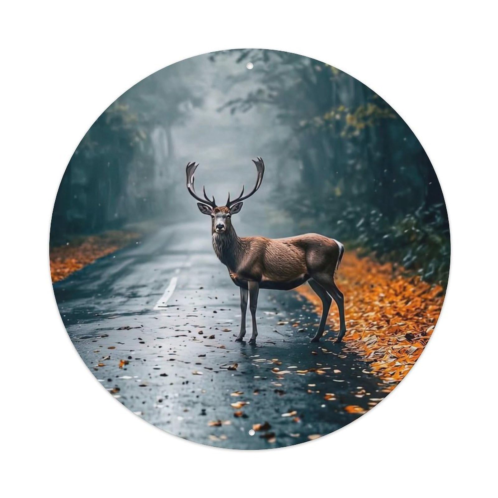 Animal Red Deer Autumn Forest Misty Road Wildlife Scene Vintage Metal Tin Sign Plaque Wall Decor for Cafe, Club Bar, Office, Garden Metal Poster 8x8Inch