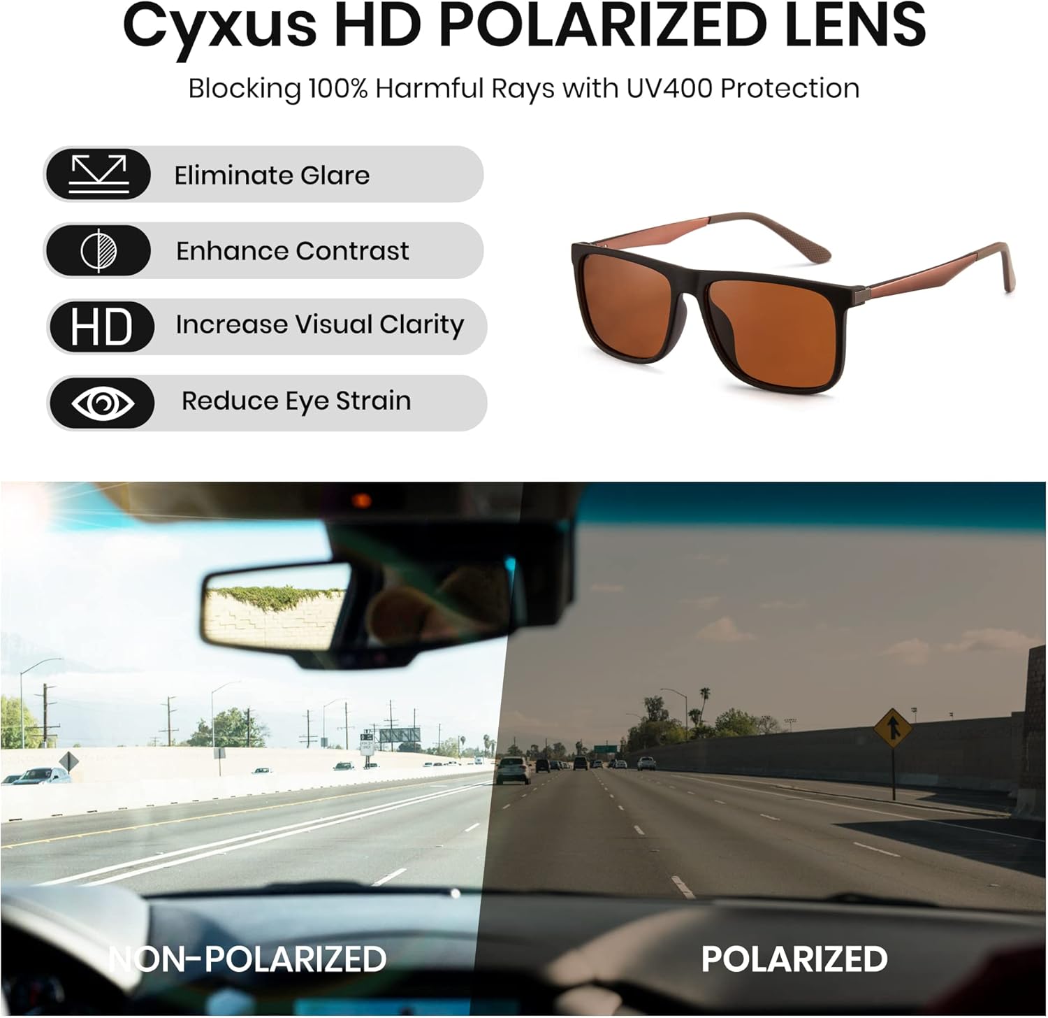 Cyxus Polarized Sunglasses Men Spring Hinges Metal Frame UV400 Protection Square Sun Glasses 1074