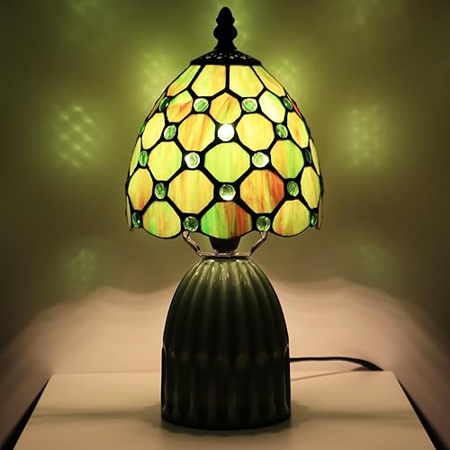 Tiffany Lamp Stained Glass Mushroom Table Lamps 6X6X12.5 Inch Brownish Green Pearl Style Small Night Light Ceramic Base Mini Accent Desk Light