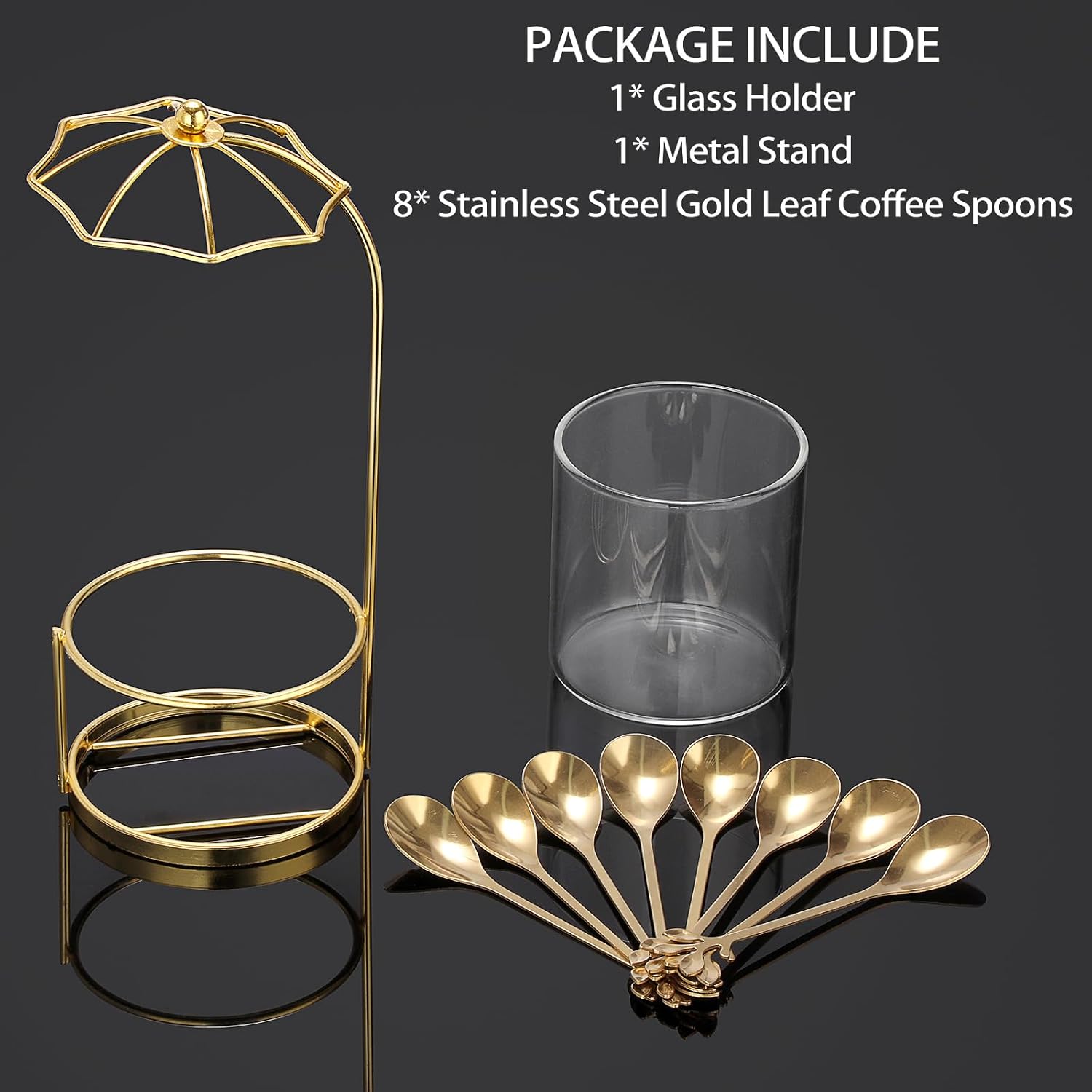 ELLDOO Coffee Spoon Set, Clear Glass Holder with 8 Stainless Steel Gold Leaf Coffee Spoons, Creative Flatware Set for Stirring, Mixing, Sugar, Ice Cream, Cake (8 x Spoons, Umbrella Shaped)