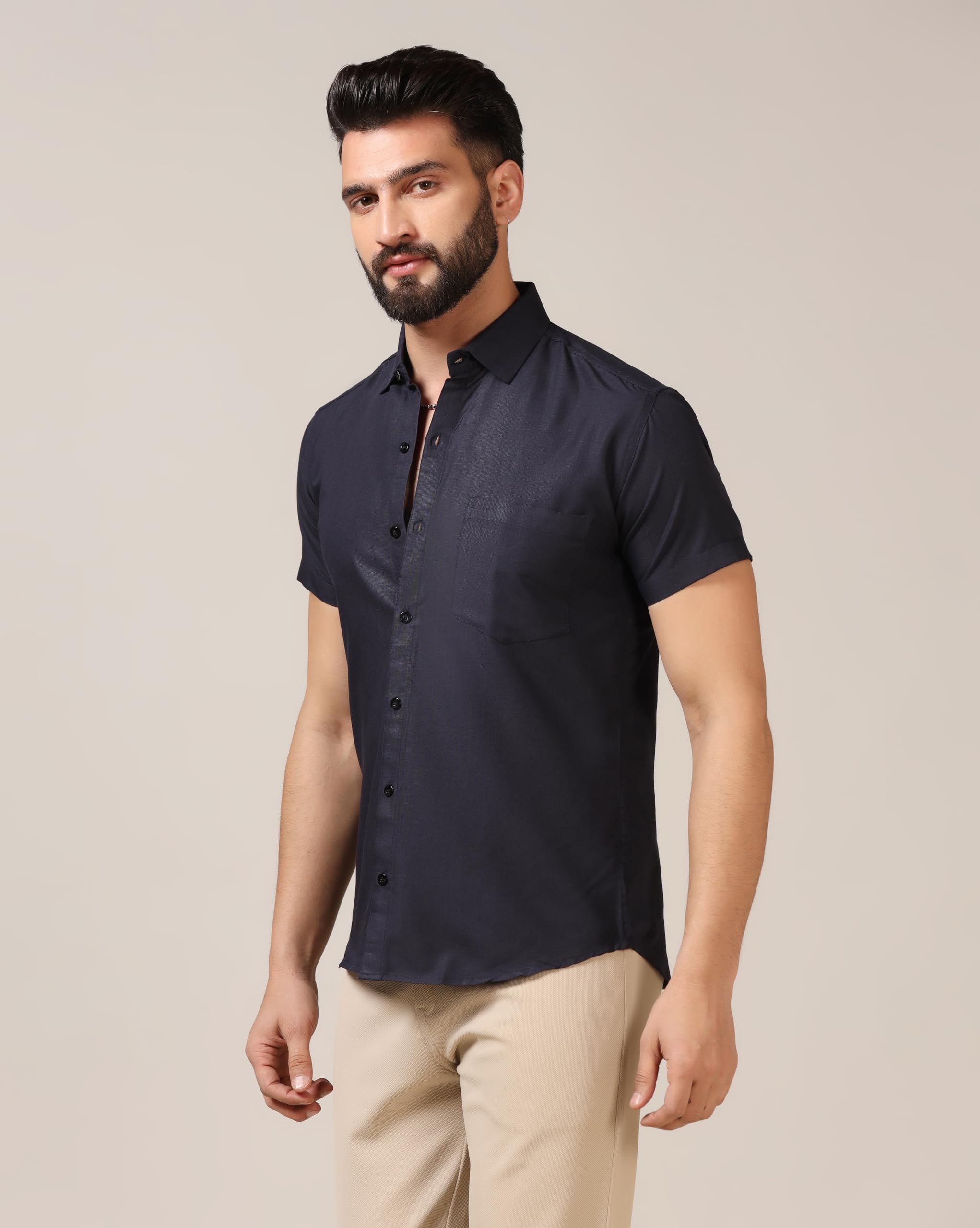 TOPLOT Camicia da uomo casual tinta unita con tasca e colletto divaricato e maniche medie