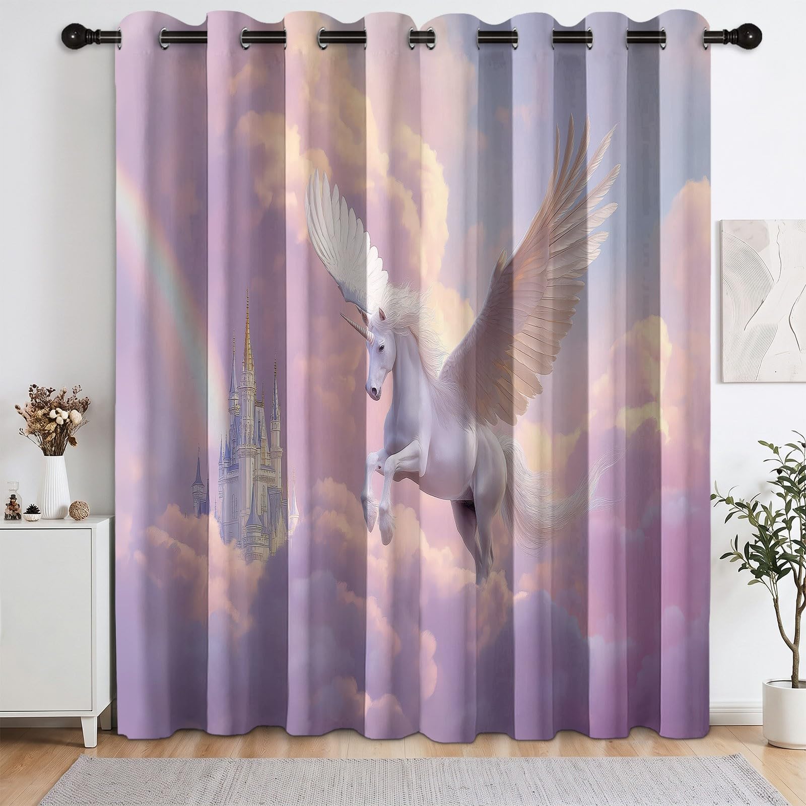 Rose Rideau Occultant à Oeillets, Fantaisie Animaux Licorne Rideaux Isolant Thermique Anti Bruit, Protection de la Vie Privée Décoration Rideau pour Chambre à Coucher 117 x 229 cm, 2 Pièces