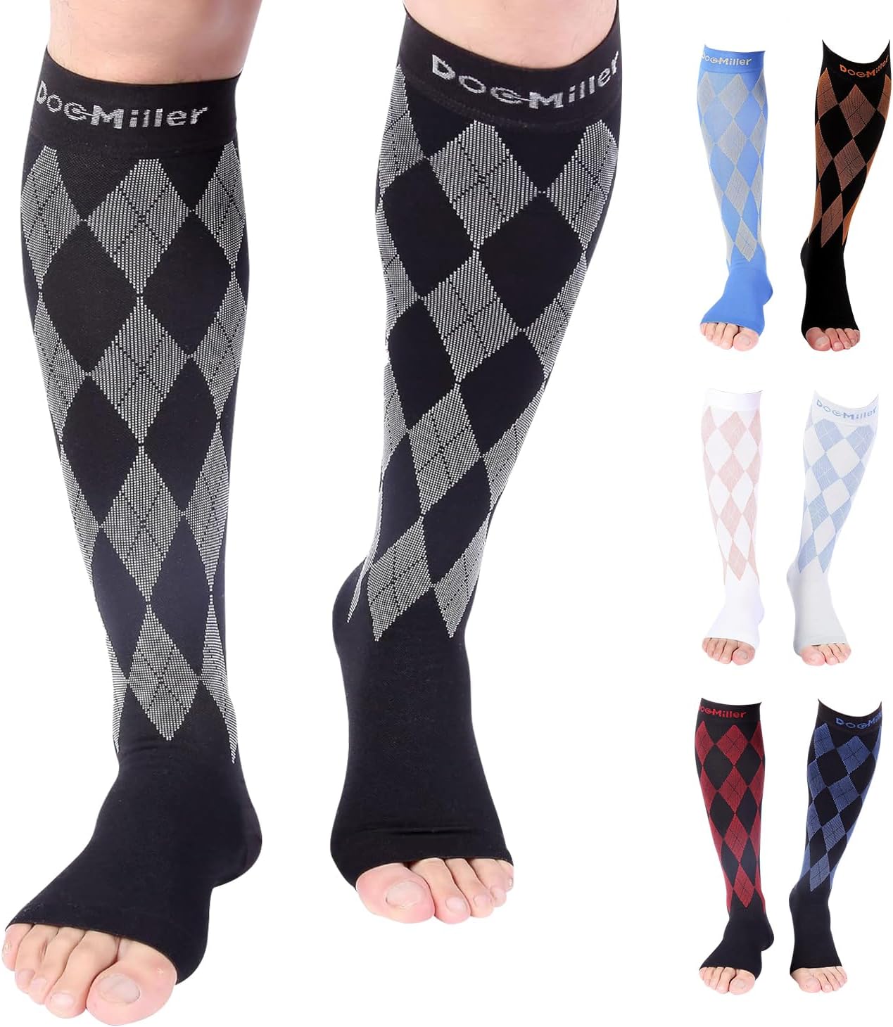 Doc Miller Open Toe Compression Socks for Men & Women, 20-30 mmHg Knee High Support, Toeless Design for Daily Leg Comfort, Breathable Nylon Spandex, 1 Pair
