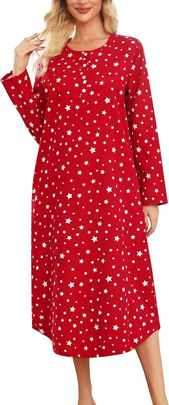 ENJOYNIGHT Womens Long Flannel Nightgown Button Down Sleepshirt Long Sleeve Nightshirt with Pockets