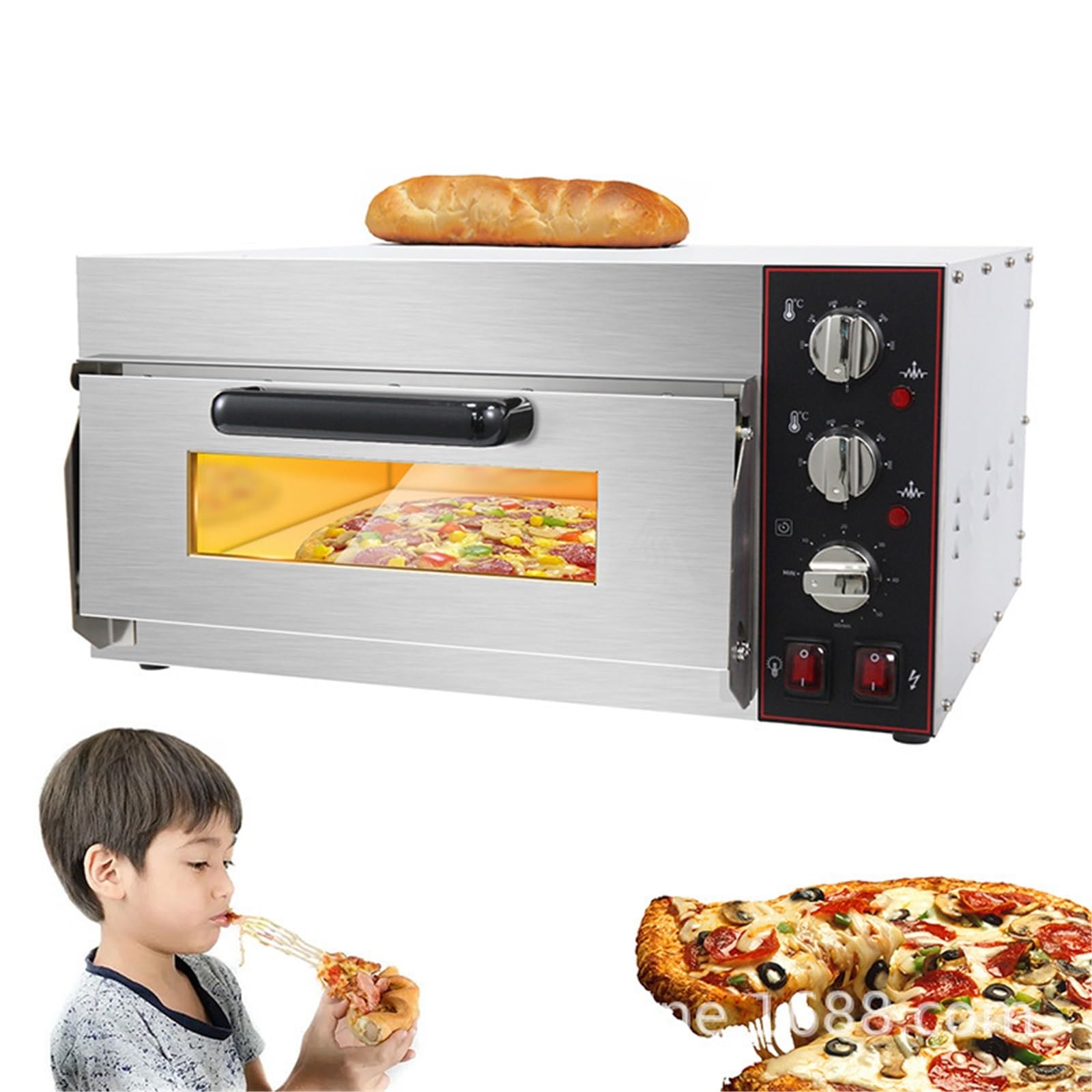 Forno elettrico for pizza commerciale, macchina for pizza in acciaio inossidabile da banco da 2000 W, temperatura regolabile da 50 a 350 ℃ e timer da 0 a 60 minuti, cuoci pizza da 16 pollici, tacchino