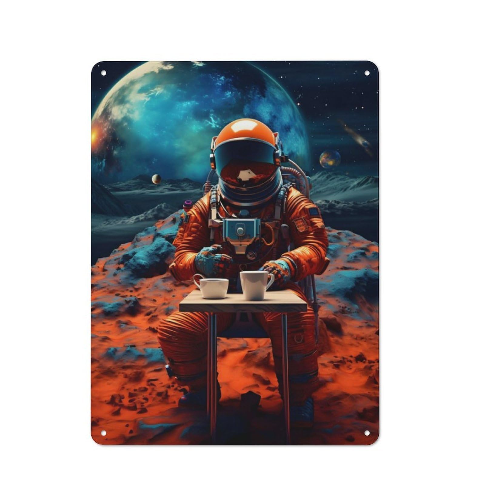 Junmoney Astronaut Coffee Space Retro Metal Plaque 40X30cm Featuring For Garage Wall, A Winter Wall Decor Update For Workshop Decor Fans