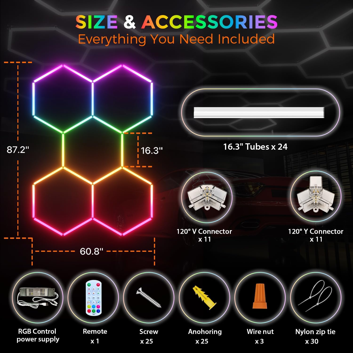 RGB Hexagon Garage Lights 5 Hex, Duplex Signal RGB Led Hexagon Lights with Music Sync Mode, Easy Setup RGB Ceiling Lights for Garage, Gym, Gaming Room, Studio, Party, Bar