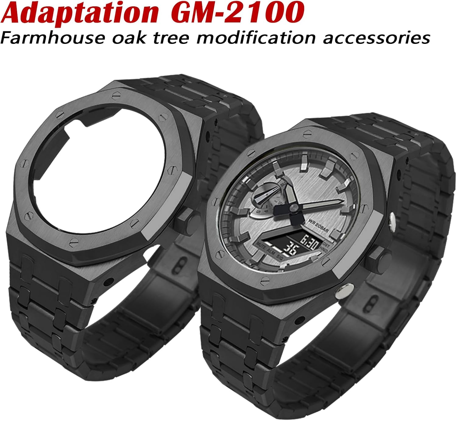 GM-2100 Mod Kit 316L Stainless Steel Case with Crown Side Solid Metal Watchband Strap Bracelet for Men's Watch GBM-2100 Part Replacement