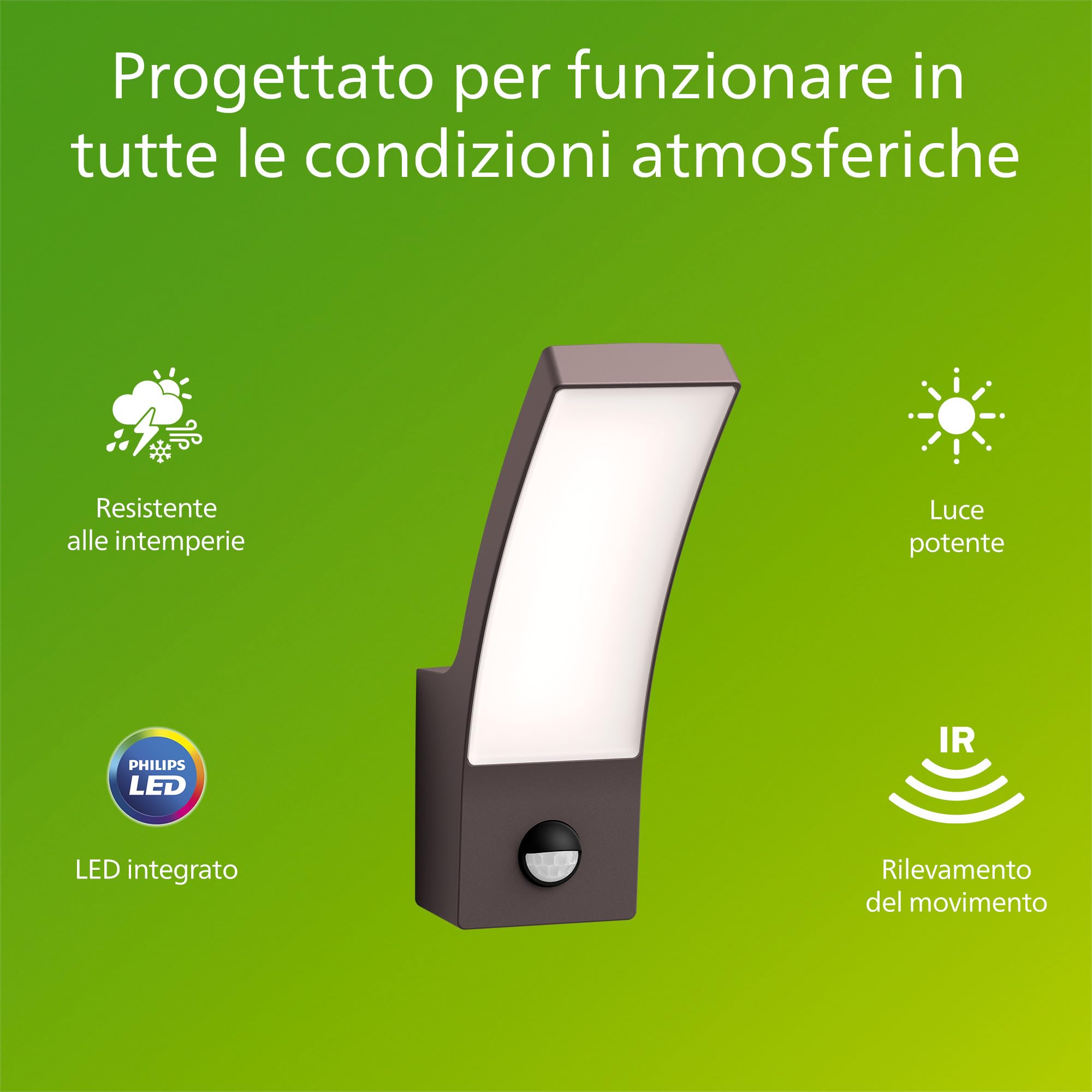 Philips Splay Applique LED da esterno con sensore di movimento, Antracite | Luce bianca fredda, 12 W, 1600 lm, 4000 K, Alluminio, Resistente a intemperie, LED integrato