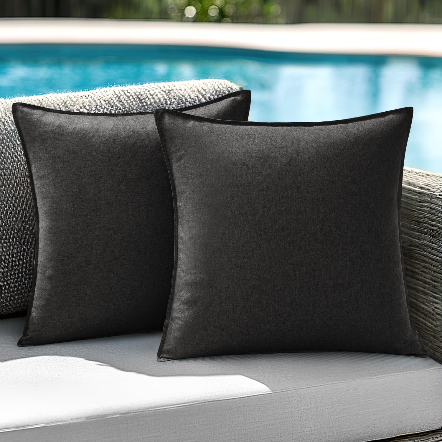 ANRODUO Set of 2 Outdoor Waterproof Pillow Covers 18x18 Inch Black Decorative Throw Pillow Covers Linen Broadside Square Solid Color Couch Pillow Covers for Patio Tent Sofa and Living Room Decor