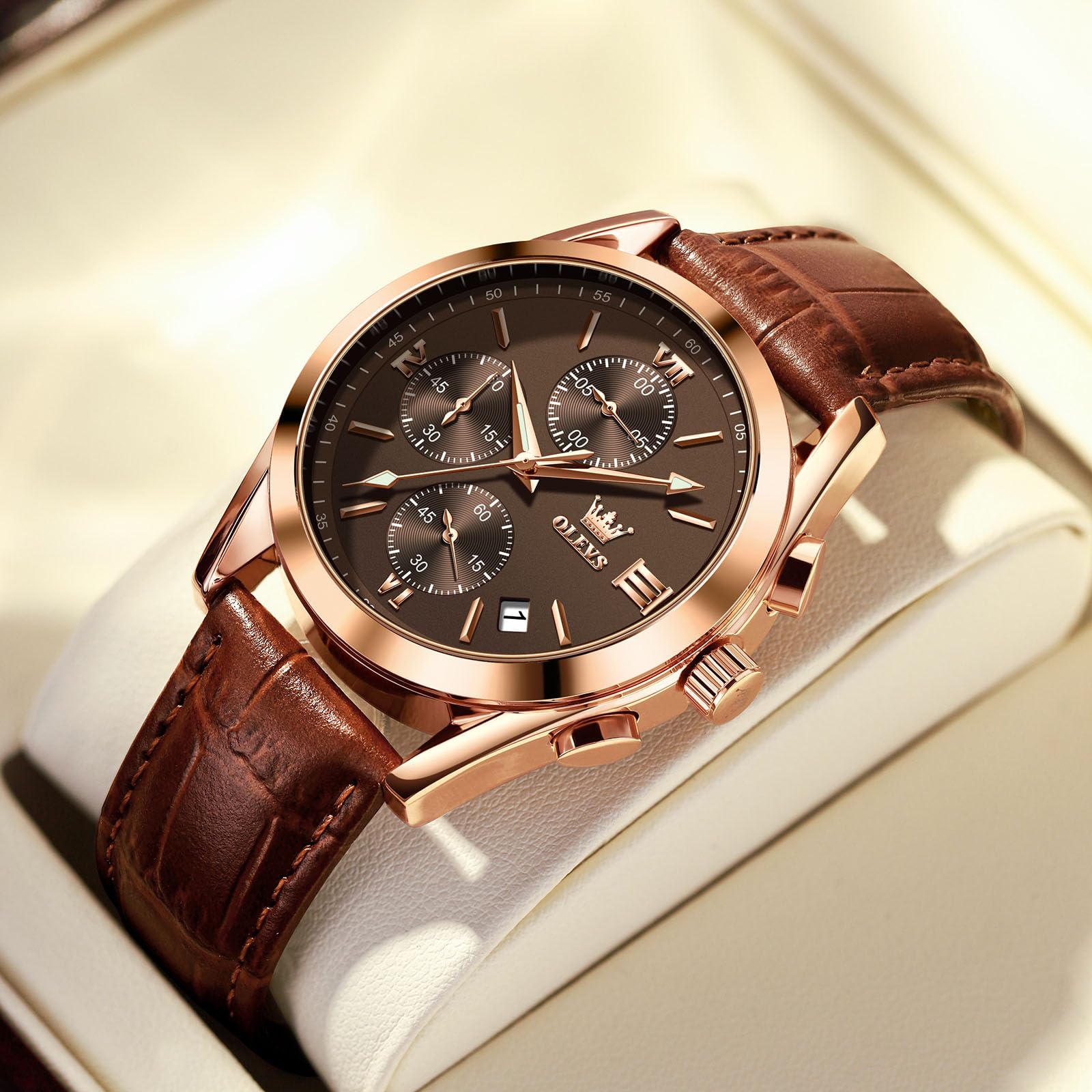 OLEVS Vintage Herrenuhren mit Lederarmband Großes Zifferblatt Armbanduhr Herren Wasserdicht Leuchtende Analog Kleid Uhren Herren mit Datumsanzeige