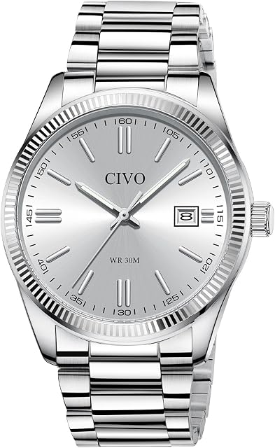 CIVO Hommes montres acier inoxydable: Argent Analog Classic Date Wrist Watch pour les hommes - Cadeaux de mode imperméables à quartz