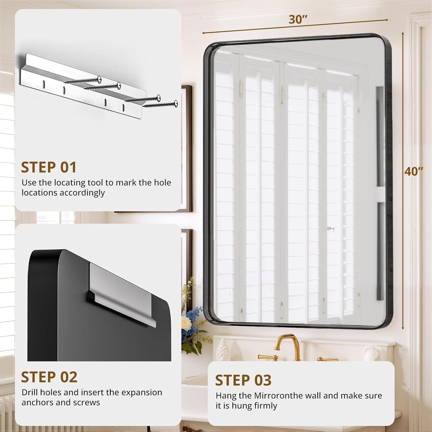 Sweetcrispy Bathroom Mirror 40x30 Inch Black Metal Framed Rounded Rectangle Vanity Mirror for Wall, Over Sink, Farmhouse, Restroom, Anti-Rust, Modern Decorative, Horizontal or Vertical Hanging