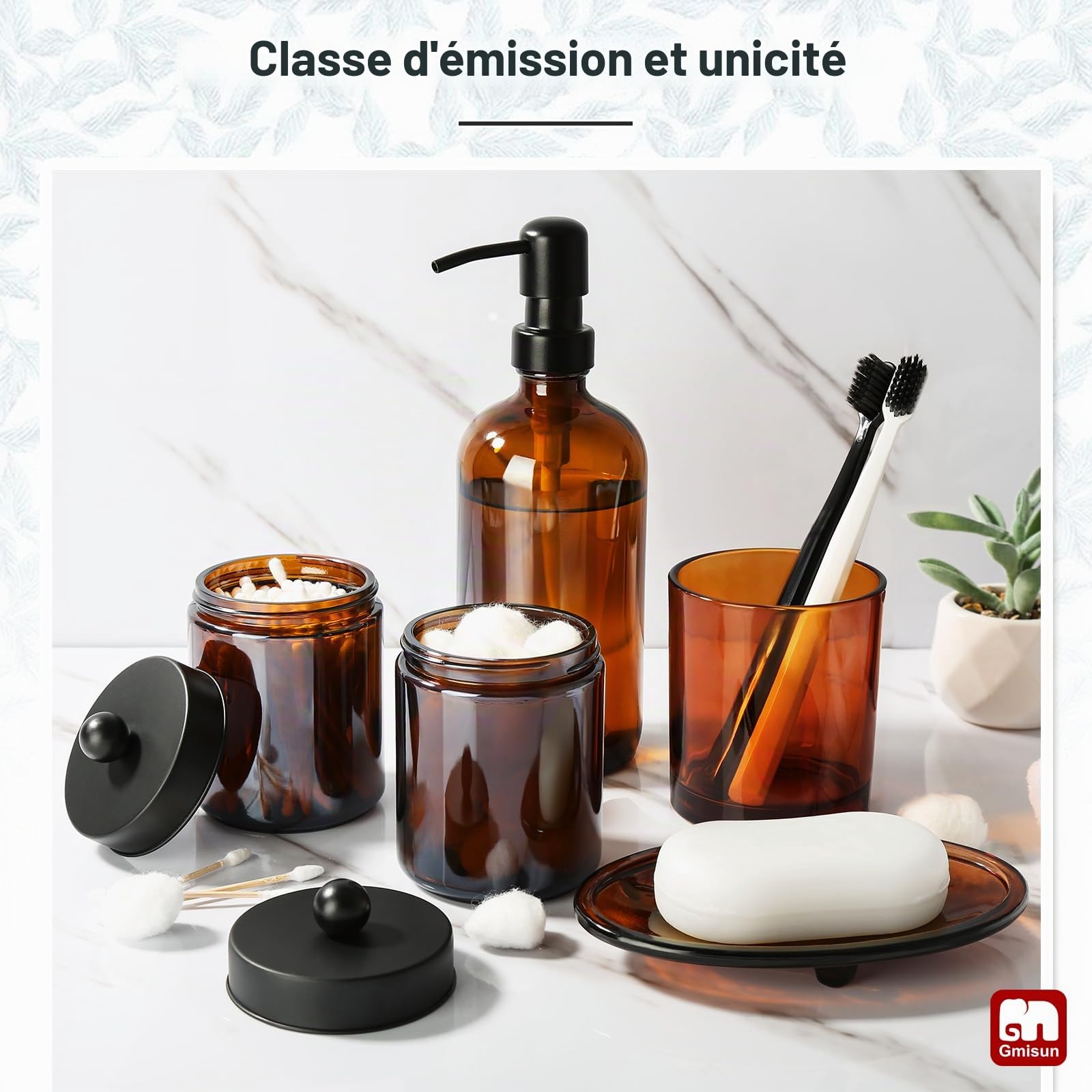 GMISUN Lot de 5 accessoires de salle de bain en verre ambré, distributeur de savon marron et porte-brosse à dents, comptoir d'évier avec étiquettes, décoration bain