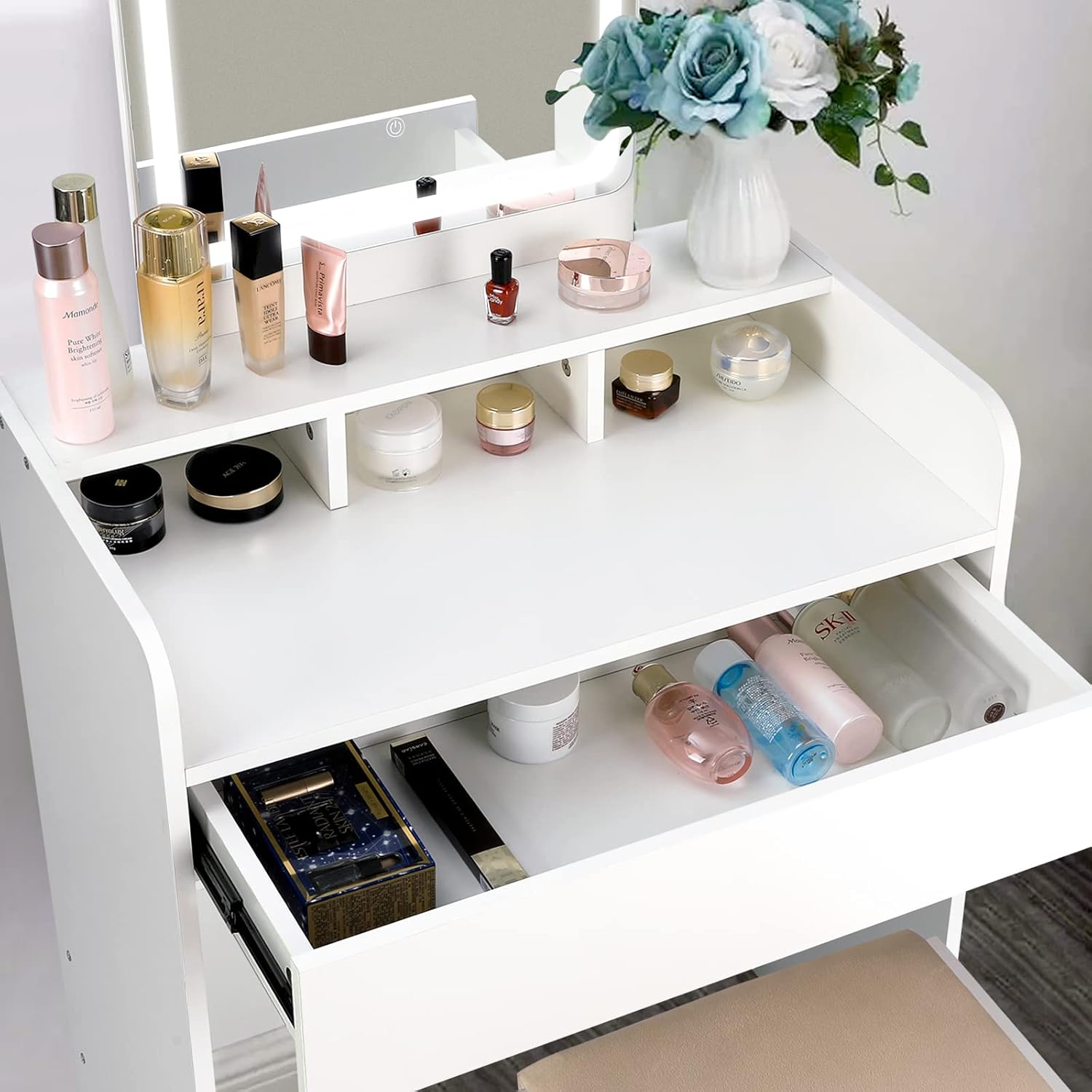 Vanity with Lights - 3 Color Light Options Adjustable Brightness Vanity Desk, Sturdy Makeup Vanity with Large Drawer and Soft Cushioned Stool for Women Girls, 27.6''L x 15.8''W x 54.5''H, White : Home & Kitchen