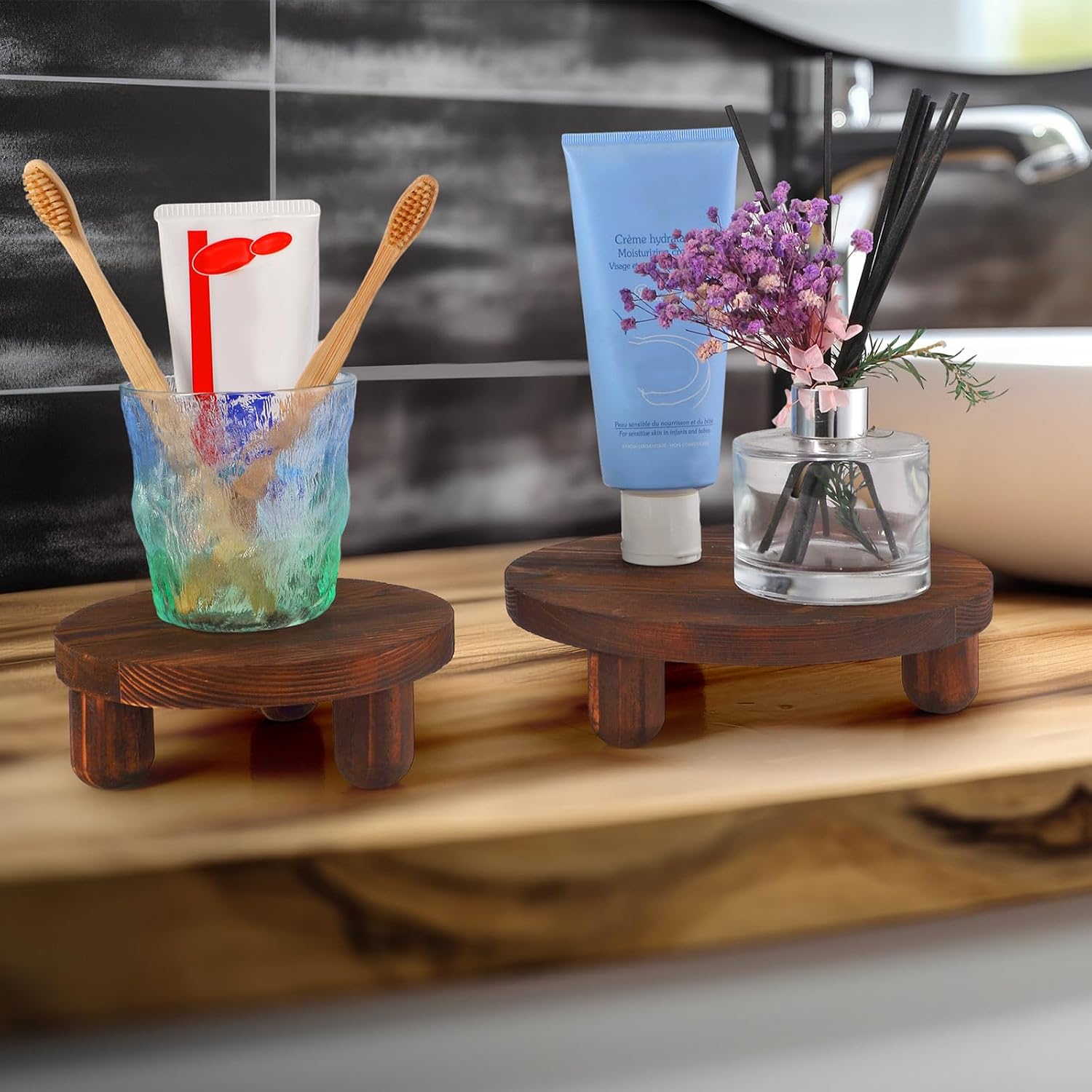Sintuff 4 Pack Mini Wooden Plant Stool Display Wood Cake Stand 12/10/8/6 Inch Round Plant Risers Holder for Flower Pot Wooden Stool Indoor Outdoor Wood Stand(Dark Brown)