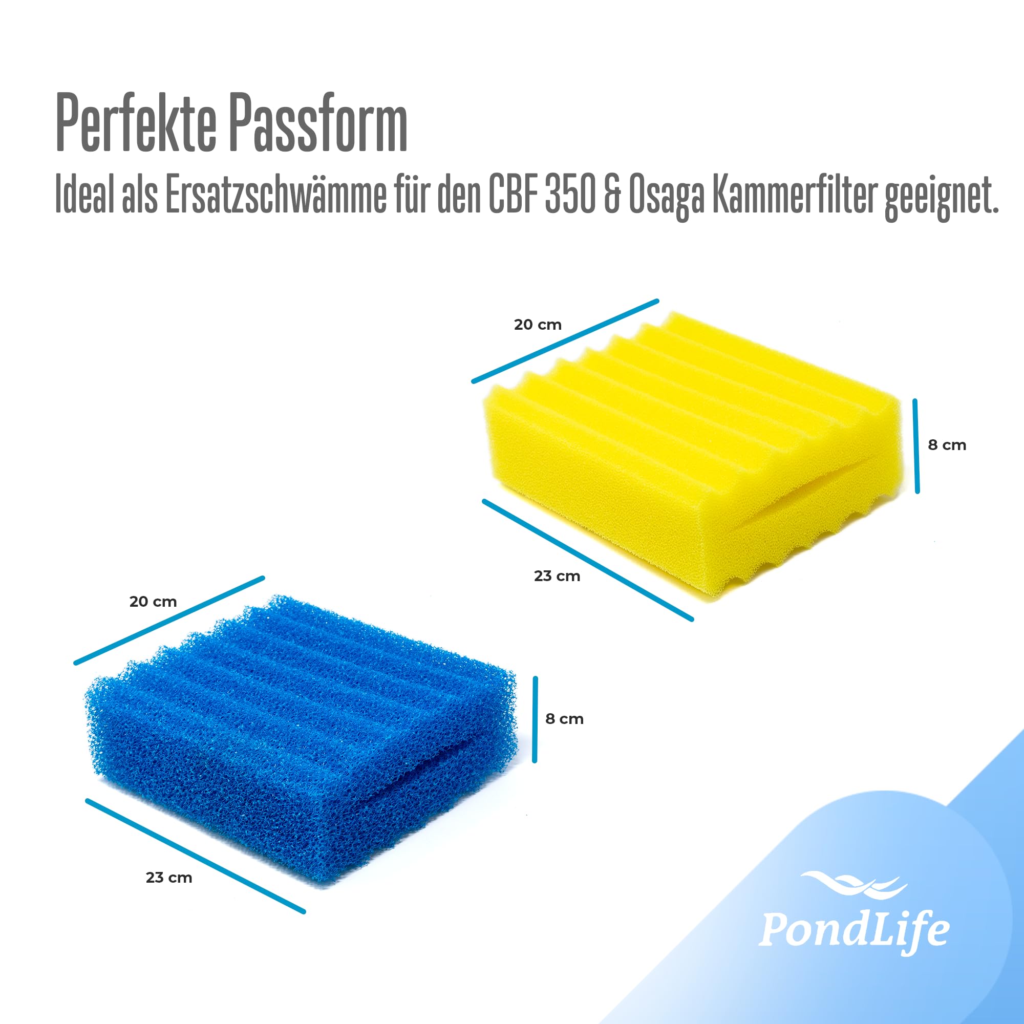 Pondlife Teichfilter Schwämme, Filterschwamm-Set für Teichfilter, 4x Gelb (Fein), 4x Blau (Grob), kompatibel mit SunSun CBF 350 und Osaga Kammerfilter, offenporiger Schaumstoff