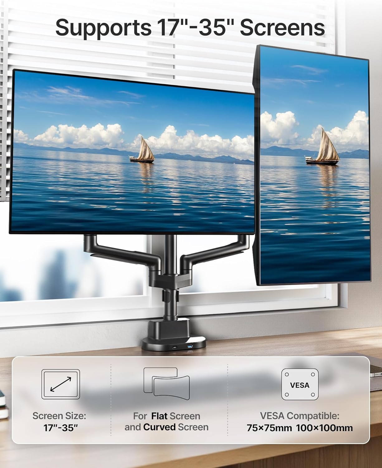 monTEK Dual Monitor Stand with USB Up to 35" Screens,Tall Post Mounted Monitor Arm Holds Max 24.3lbs Per Screen, Full Motion Adjustable Arm Desk Mount with C-Clamp/Grommet,VESA 75/100mm