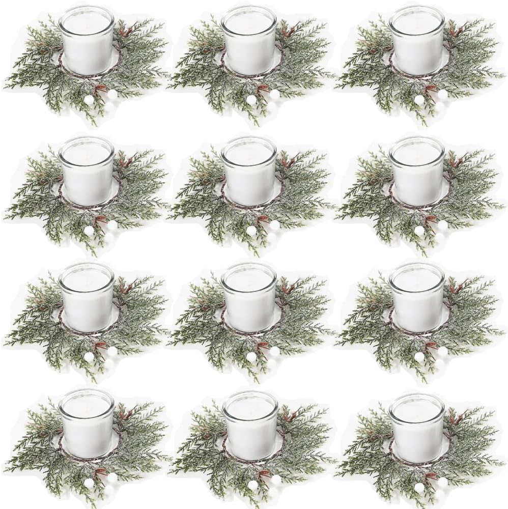 12 Pack Christmas Greenery Candle Rings, Christmas Candle Rings Wreaths with White Berrie Snowy Pine Needles Garland, Xmas Table Decorations Holiday Centerpieces for Tables