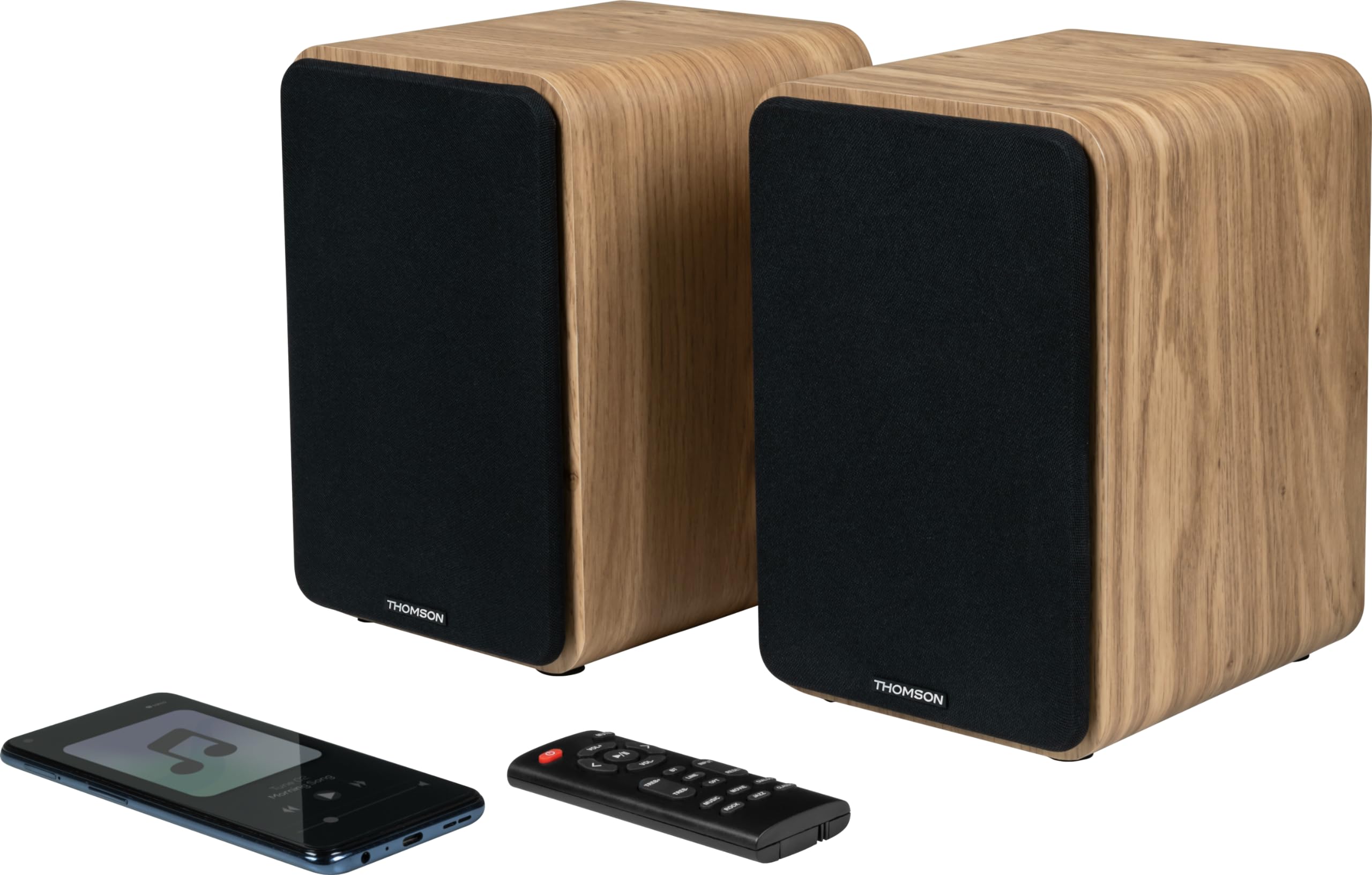 THOMSON WS602DUO - Ensemble de 2 enceintes avec caisson en bois - 100W - Bluetooth 5.0 - 2 sorties RCA - Bois clair