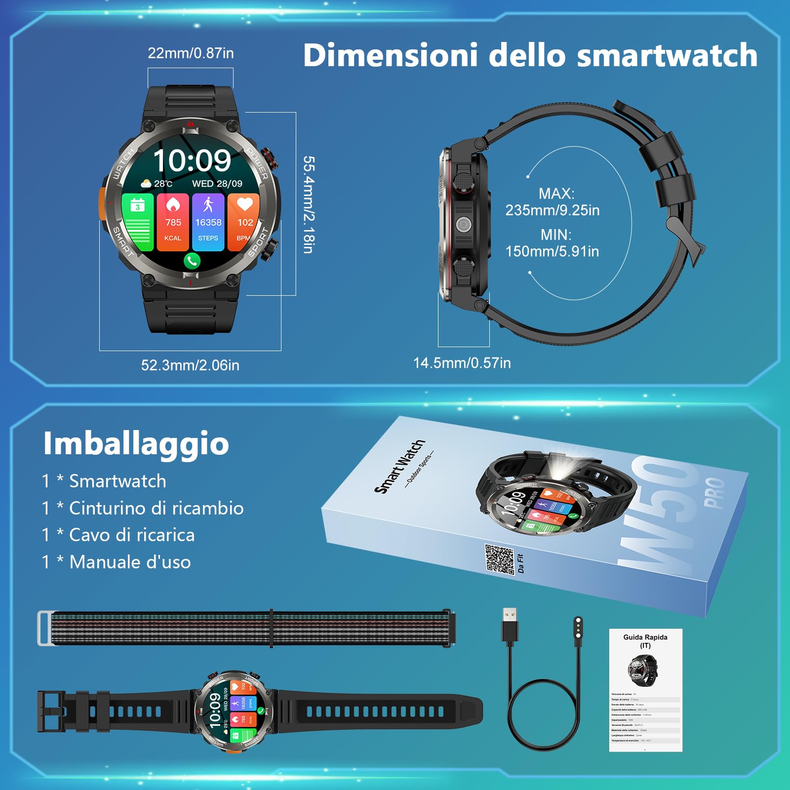 Smartwatch Uomo, 1.45" Orologio Smartwatch con Torcia/Bussola Orologio intelligente con Effettua/Risposta, 120+Modalità Sportive, 2 Cinturini, IP68 Impermeabile Smart Watch per Android iOS