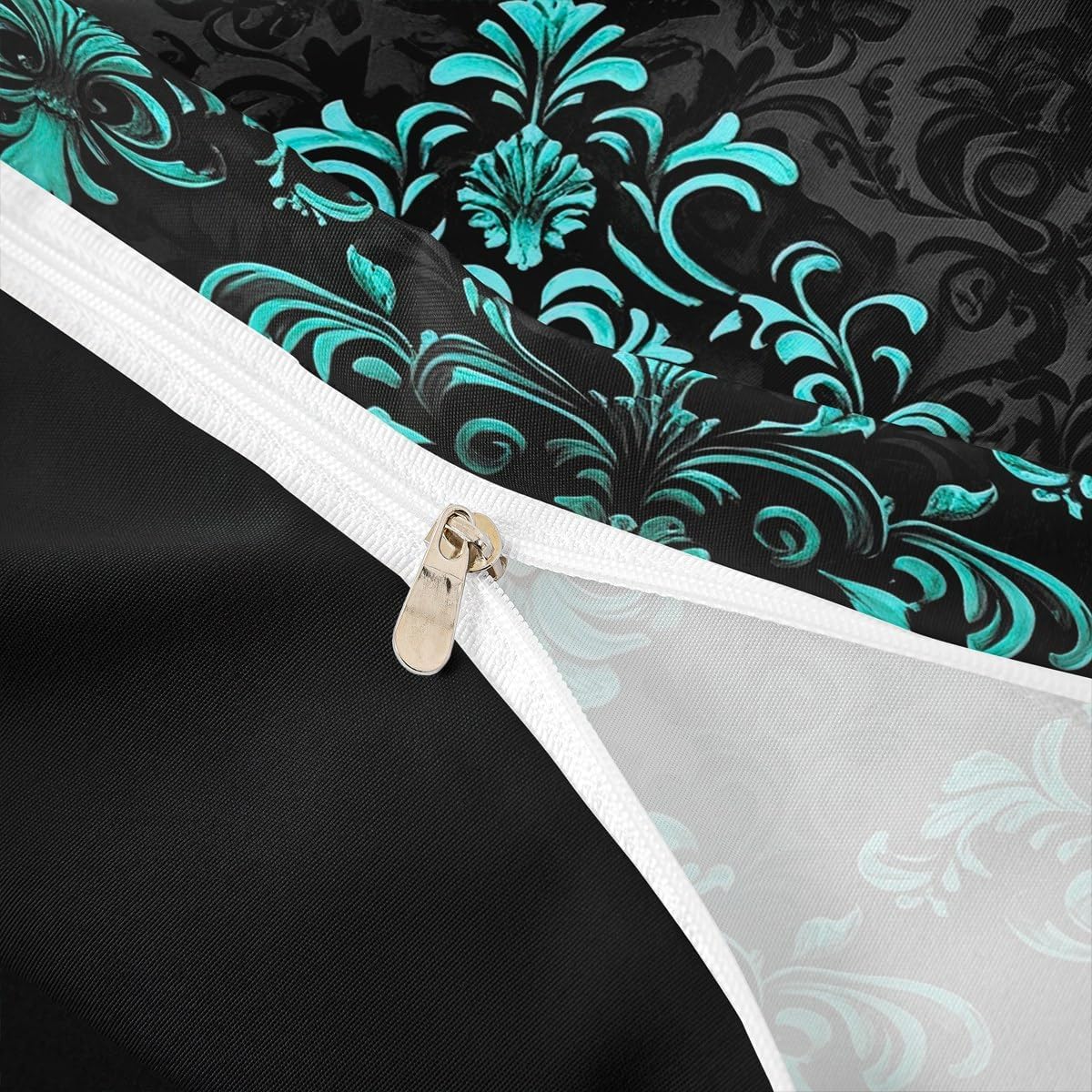 Erosebridal Black Teal Gothic Duvet Cover King,Vintage Boho Damask Floral Comforter Cover,Bohemian Exotic Goth Bedding Set for Kids Adults Victorian Baroque Flower Bed Set 3 Pcs