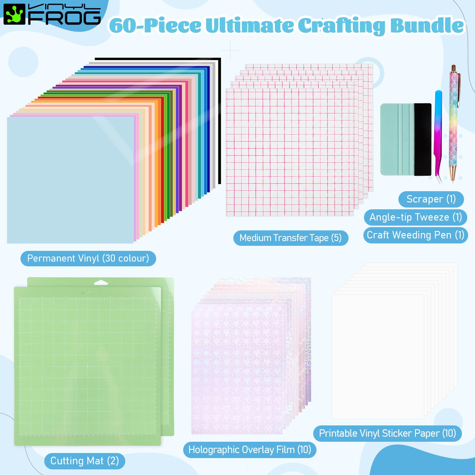 VINYL FROG Lot de 60 accessoires pour Cricut Maker et All Explore Air, outils ultimes avec vinyle adhésif permanent, papier autocollant en vinyle imprimable, tapis de coupe, outils de désherbage,