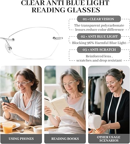 Miniatura 8 de LUFF Gafas de lectura sin montura para mujer, bloqueo de luz azul, ligeras, de metal, clásicas, antifatiga ocular