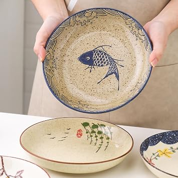 Ceramic Plates,8 Inch Round Retro Creative Porcelain Dinner Plates Set of 2,Kitchen Plate for Appetizer,Dessert,Meat,Salad,Pasta,Ice Cream,Microwave,Oven and Dishwasher Safe