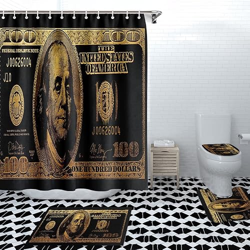 Miniatura 2 de GUBIYU Juego de baño de billetes de 100 dólares de oro negro con cortina de ducha y alfombras de billetes, accesorios de baño geniales 4 piezas