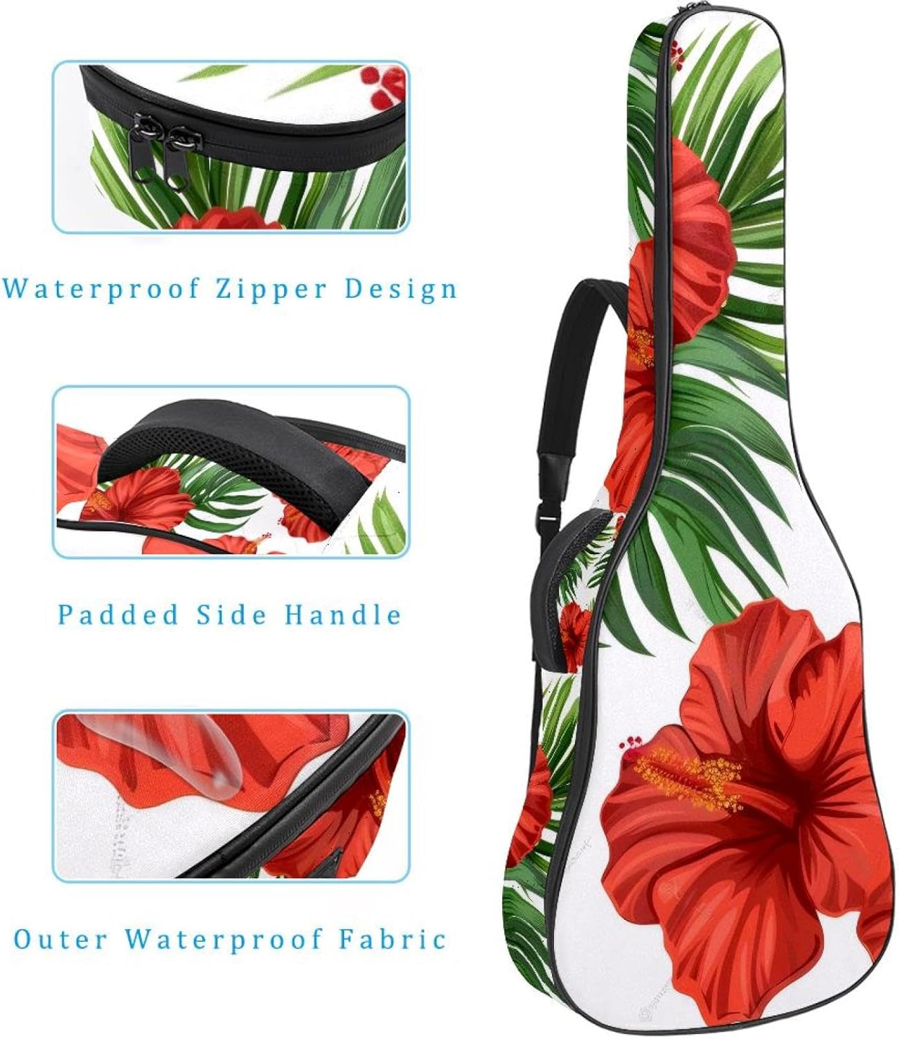 Acoustic Guitar Gig Bag 10mm Thick Padding, Soft Waterproof Guitar Case with Adjustable Backpack Straps for 40-42 Inch Guitar, Tropical Flowers Nature Blossom Flowers
