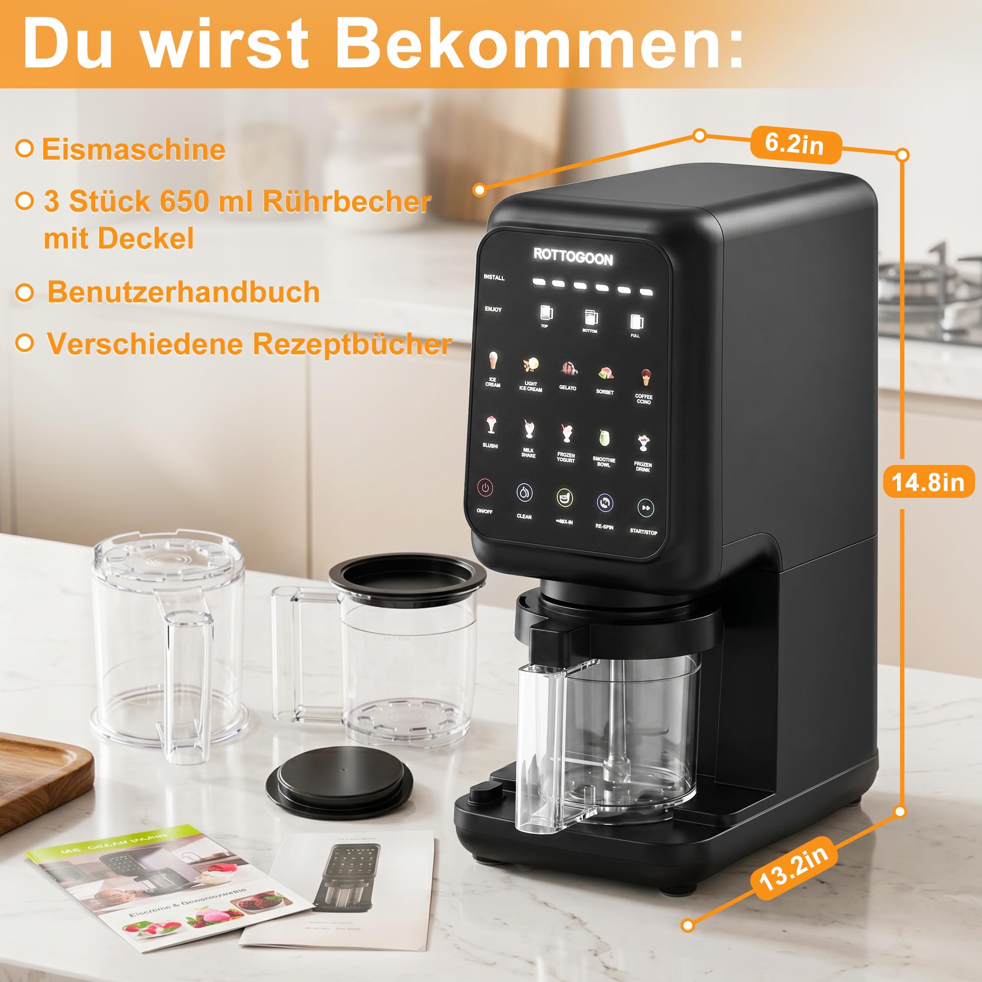 ROTTOGOON Eismaschine mit 3 Bechern 10 Programme für Eiscreme Sorbet Gelato & Frozen Yogurt 2-in-1 Geschmacksoption Softeismaschine für Zuhause mit Mix In Funktion & Automatisches Reinigungsprogramm