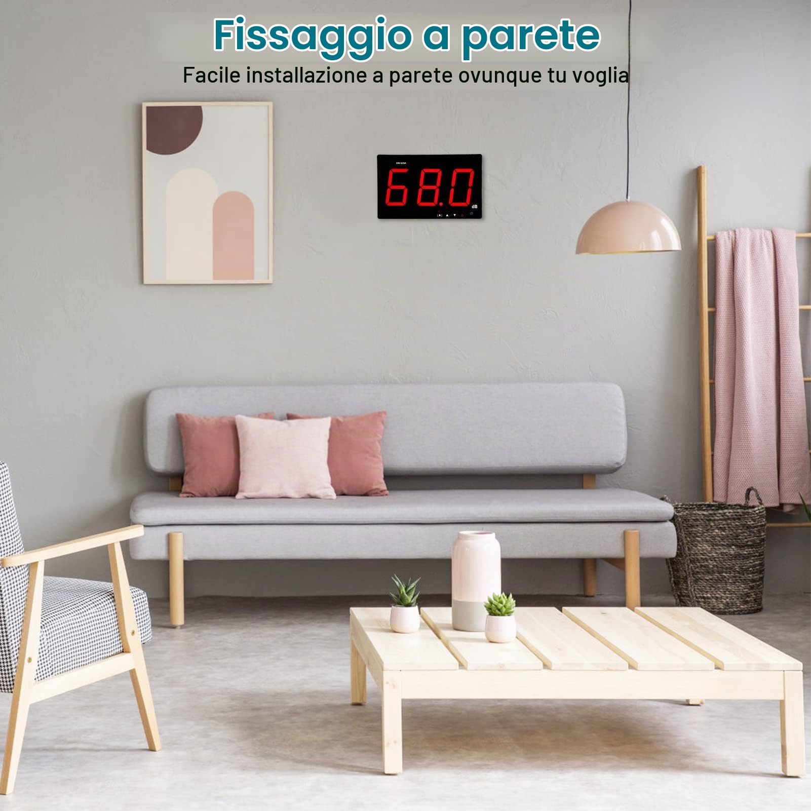 Fonometro a Parete, 30-130dB Misuratore di Decibel con Display LCD Misuratore di Livello Sonoro Digitale a Parete Digitale SPL Meter USB Lettore di Livello di Pressione Sonora, SW-525A
