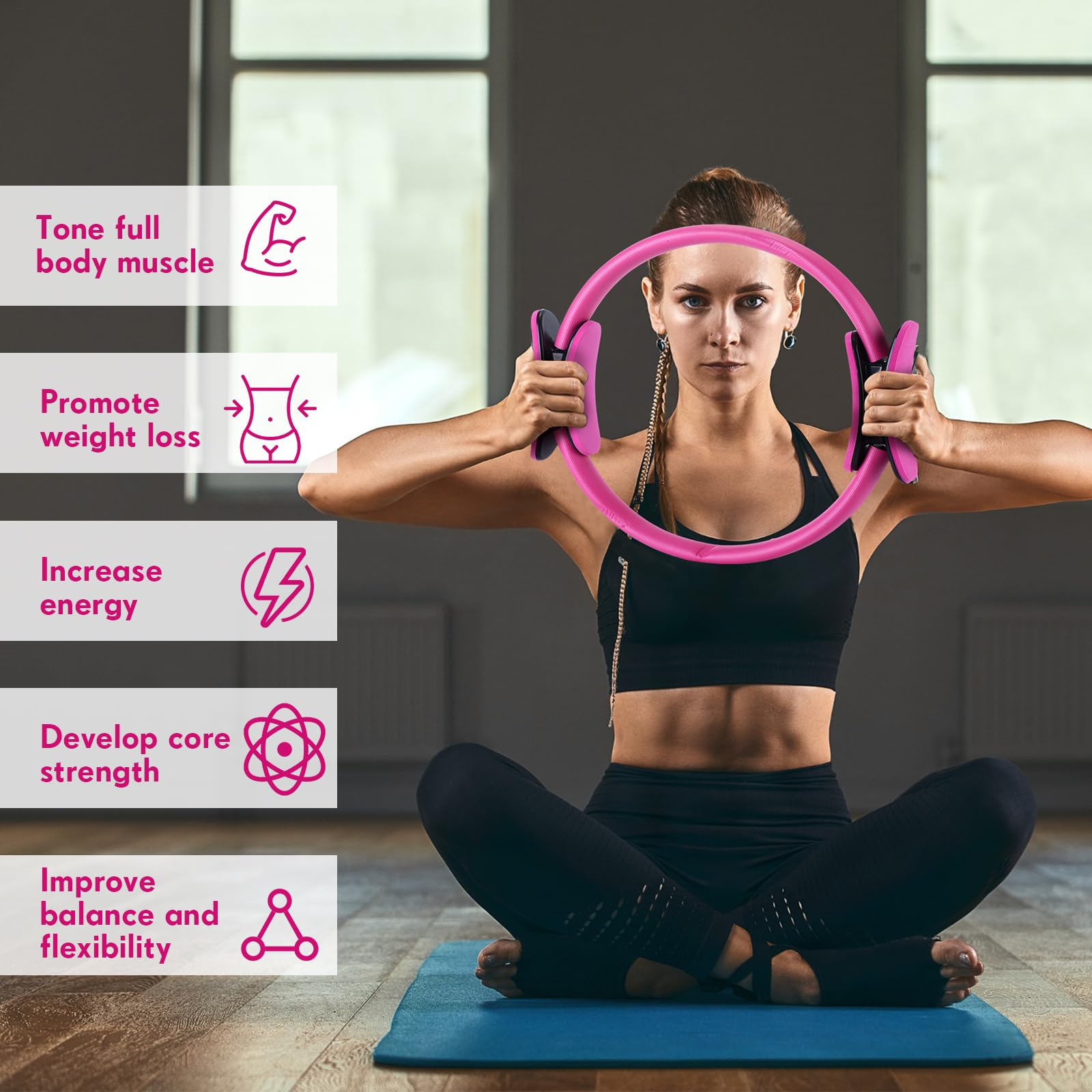 Lot De 3 Anneaux De Yoga KOMUNJ – Rose, Bleu, Violet – Polypropylène Robuste, Pour Pilates Et Stretch