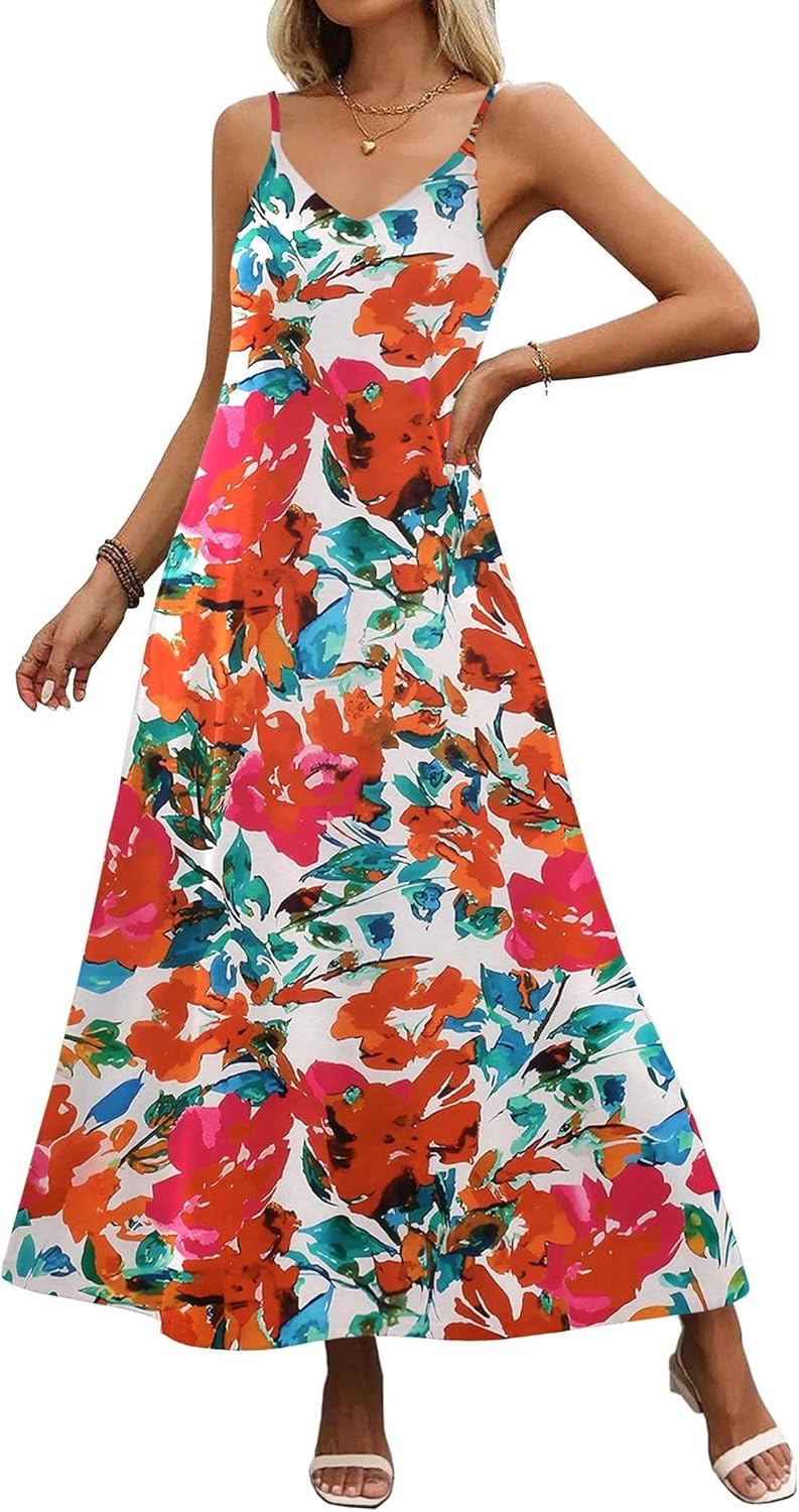 Zeagoo Womens Summer Maxi Dress Spaghetti Strap Casual Printed Dress Boho Floral Beach Sundress,