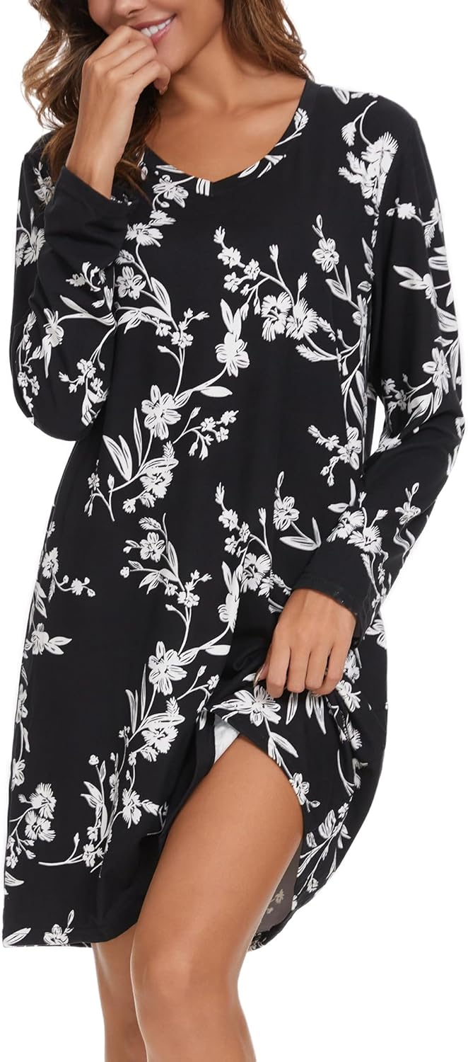 2 Pack Long Sleeve Nightgowns for Women Soft Cotton Night Gowns Sleepwear V Neck Nightshirts - Image 2