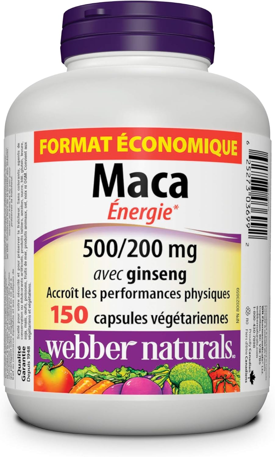 Webber Naturals Maca Energy with Ginseng, Value Size, Vegetarian Capsule, 500 mg, 200 mg, 150 Count