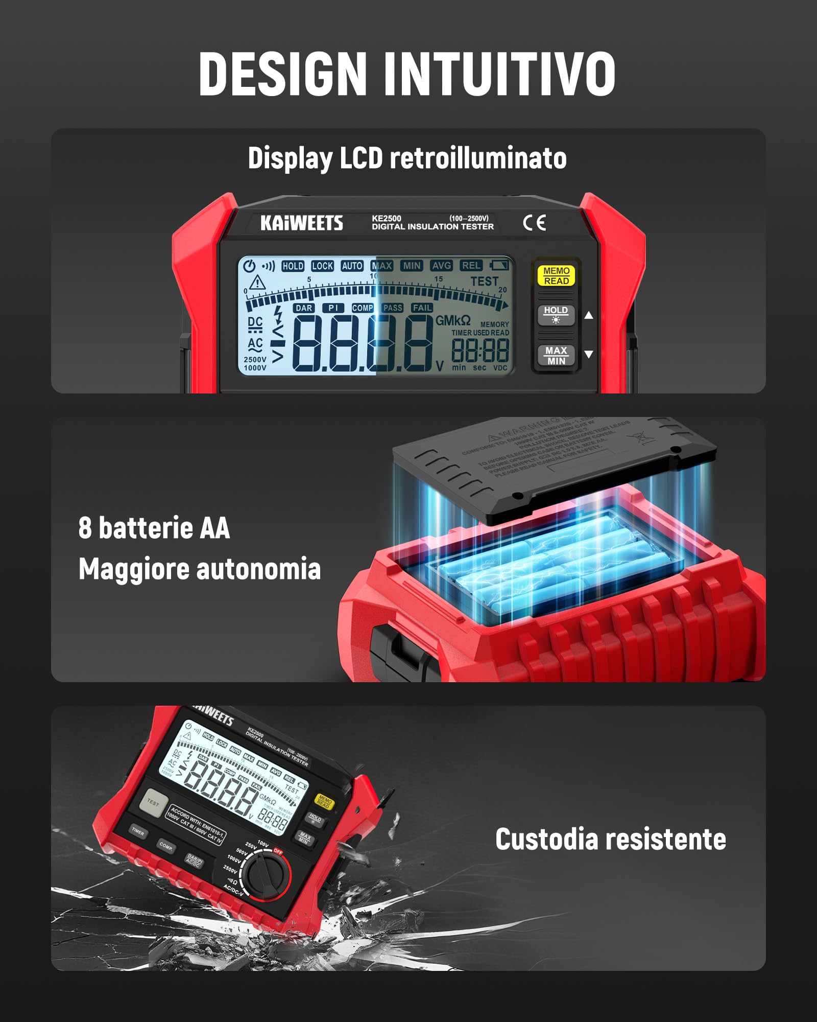 KAIWEETS Tester di Resistenza di Isolamento, Fino a 200 GΩ, Megohmmetro Professionale, 5 Gamme 100 V/250 V/500 V/1000 V/2500 V, DAR/PI One-Toch, Max/Min, Misura Resistenza, Tensione CA/CC